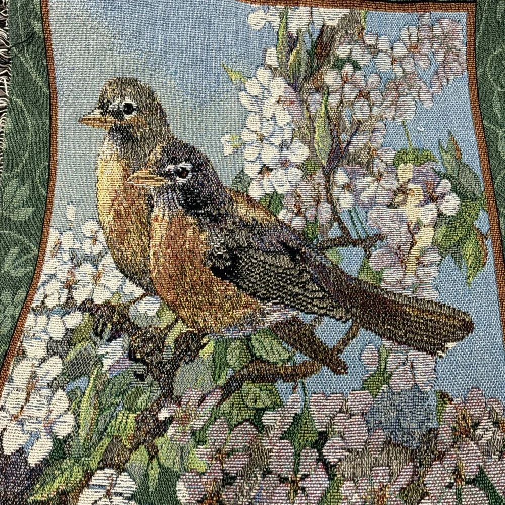Blanket‎ Throw Song Bird Tapestry Fringe Cardinal Robin Chickadee Finch Seasons